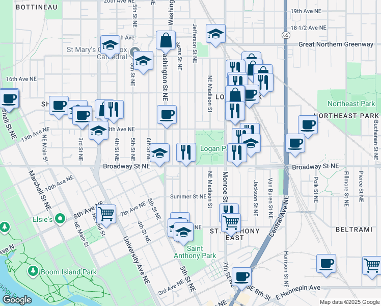 map of restaurants, bars, coffee shops, grocery stores, and more near 1202 Jefferson Street Northeast in Minneapolis