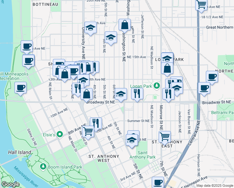map of restaurants, bars, coffee shops, grocery stores, and more near 1206 Washington Street Northeast in Minneapolis