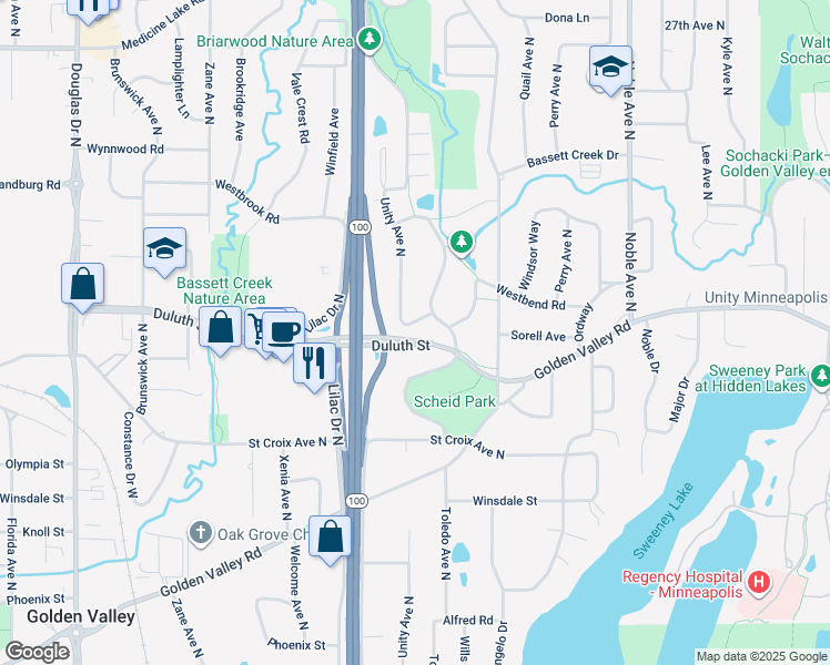 map of restaurants, bars, coffee shops, grocery stores, and more near 5305 Greenview Lane in Golden Valley