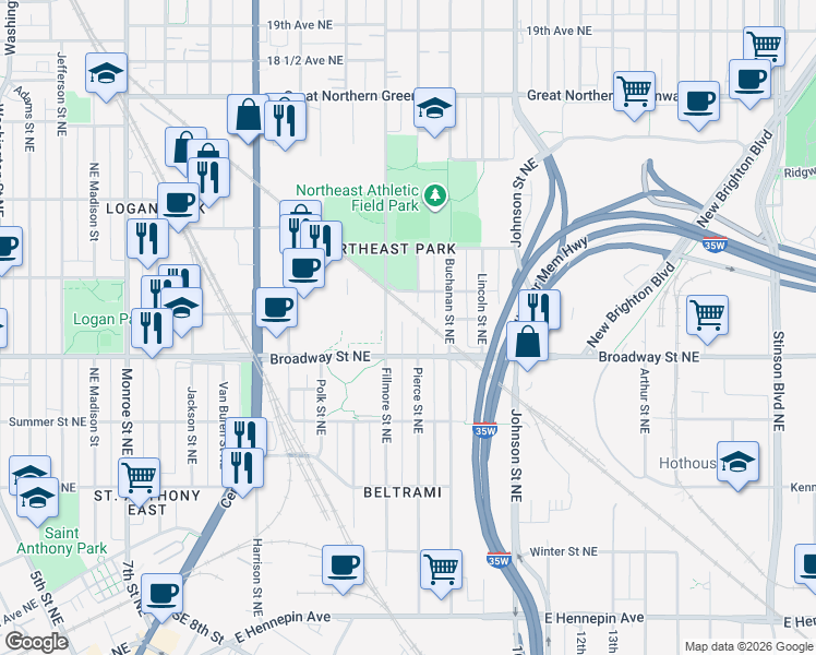 map of restaurants, bars, coffee shops, grocery stores, and more near 1130 Pierce Street Northeast in Minneapolis