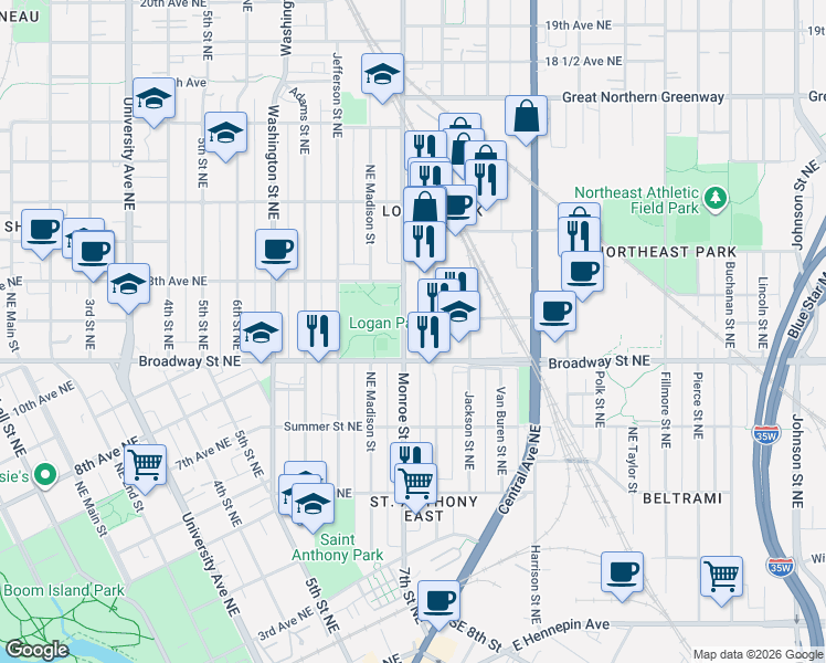 map of restaurants, bars, coffee shops, grocery stores, and more near 1201 Monroe Street Northeast in Minneapolis