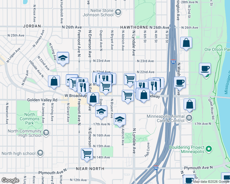 map of restaurants, bars, coffee shops, grocery stores, and more near 904 West Broadway Avenue in Minneapolis