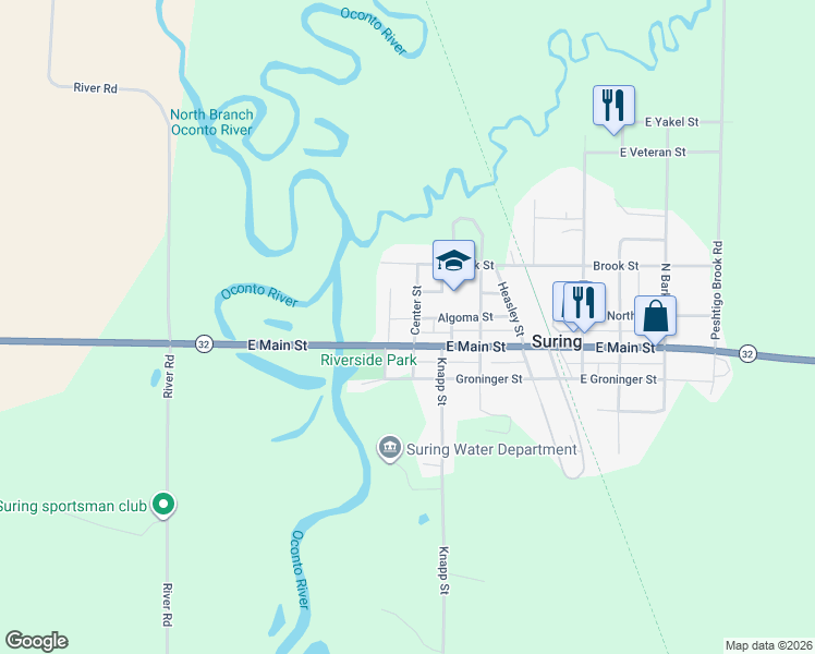 map of restaurants, bars, coffee shops, grocery stores, and more near 107 Muehl Drive in Suring