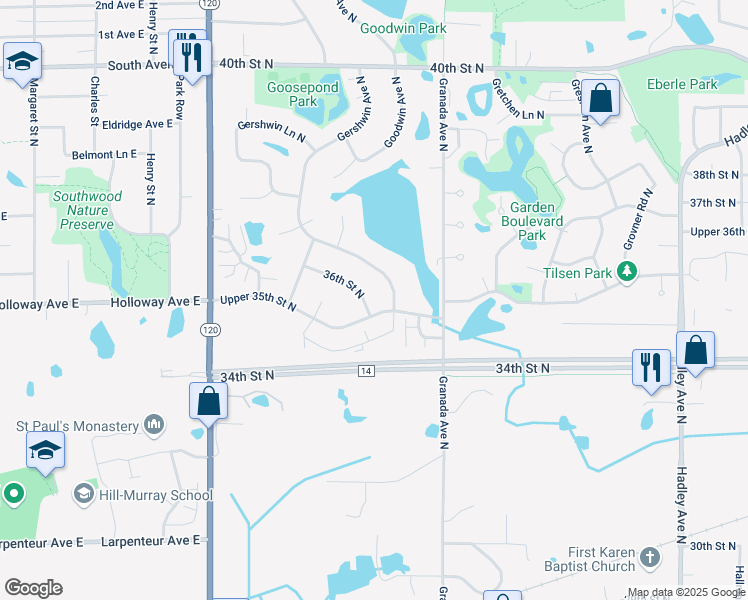 map of restaurants, bars, coffee shops, grocery stores, and more near 3540 Gershwin Avenue North in Oakdale