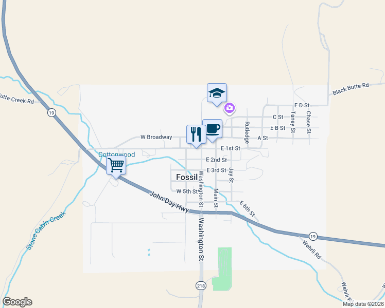 map of restaurants, bars, coffee shops, grocery stores, and more near 404 West 2nd Street in Fossil