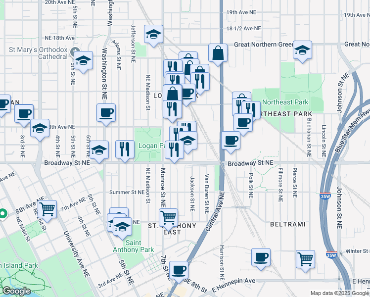 map of restaurants, bars, coffee shops, grocery stores, and more near 807 Broadway Street Northeast in Minneapolis