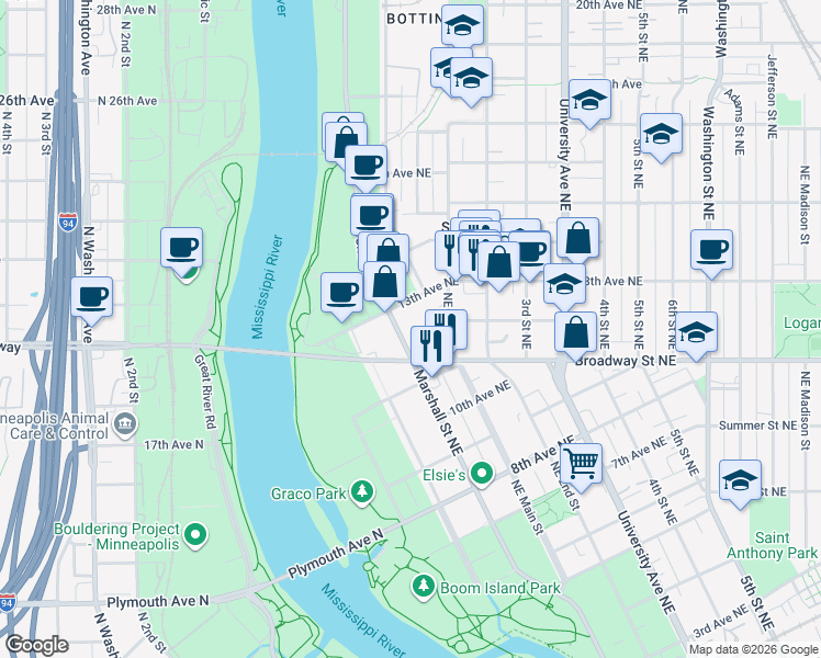map of restaurants, bars, coffee shops, grocery stores, and more near 1219 Marshall Street Northeast in Minneapolis
