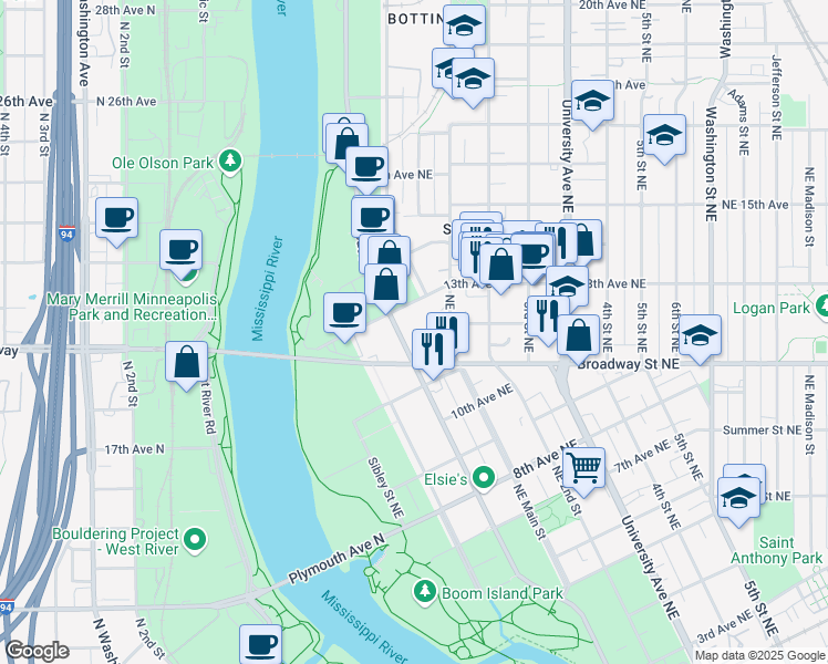 map of restaurants, bars, coffee shops, grocery stores, and more near 1215 Marshall Street Northeast in Minneapolis