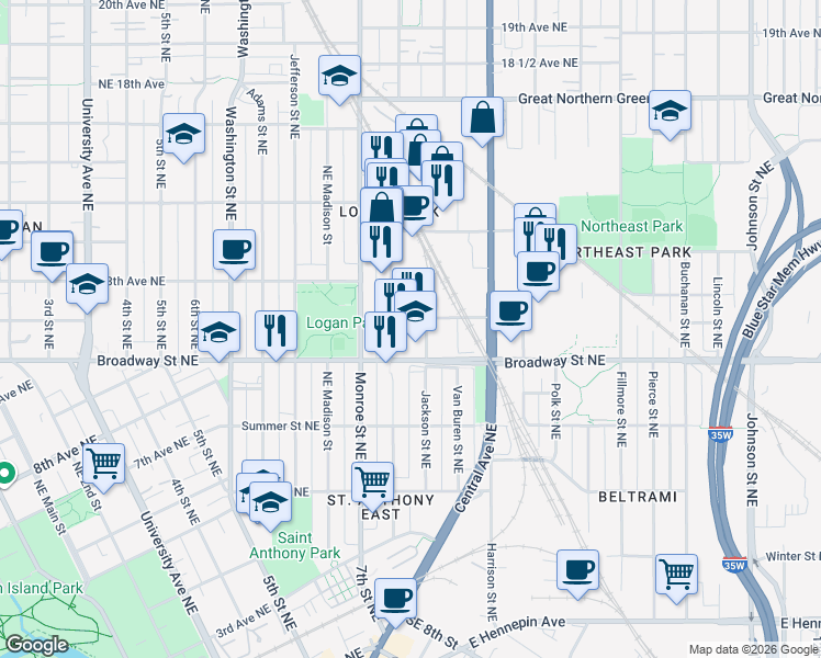 map of restaurants, bars, coffee shops, grocery stores, and more near 807 Broadway Street Northeast in Minneapolis