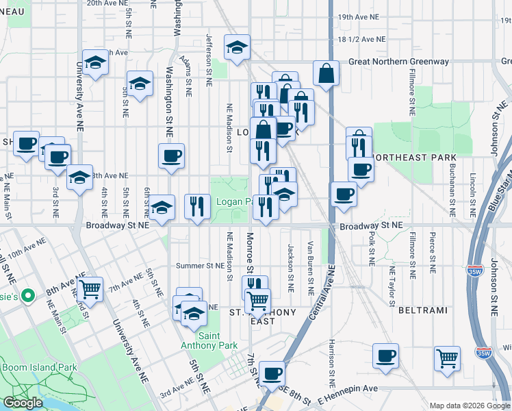 map of restaurants, bars, coffee shops, grocery stores, and more near 1201 Monroe Street Northeast in Minneapolis