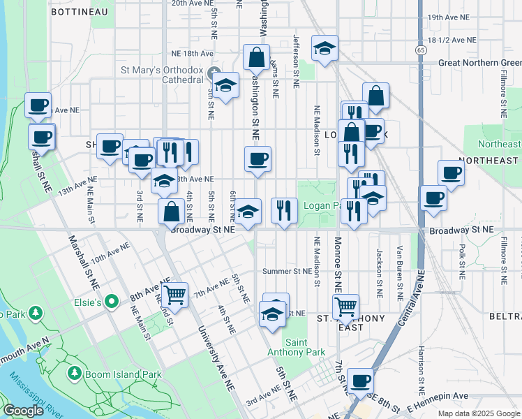 map of restaurants, bars, coffee shops, grocery stores, and more near 1202 Adams Street Northeast in Minneapolis