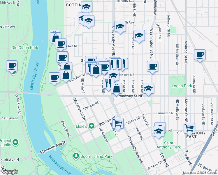 map of restaurants, bars, coffee shops, grocery stores, and more near 313 12th Avenue Northeast in Minneapolis
