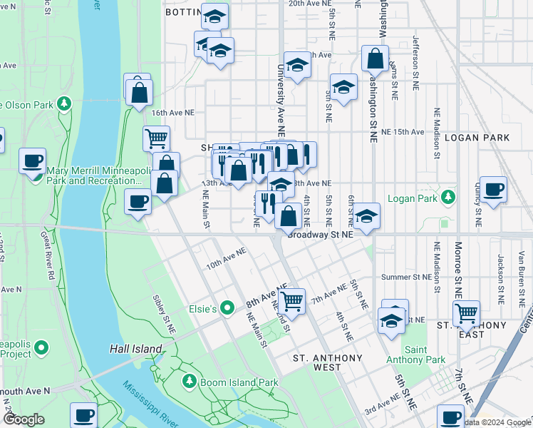 map of restaurants, bars, coffee shops, grocery stores, and more near 311 12th Avenue Northeast in Minneapolis
