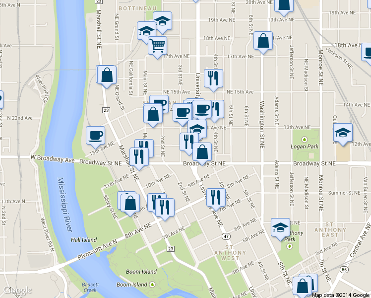 map of restaurants, bars, coffee shops, grocery stores, and more near 311 12th Avenue Northeast in Minneapolis