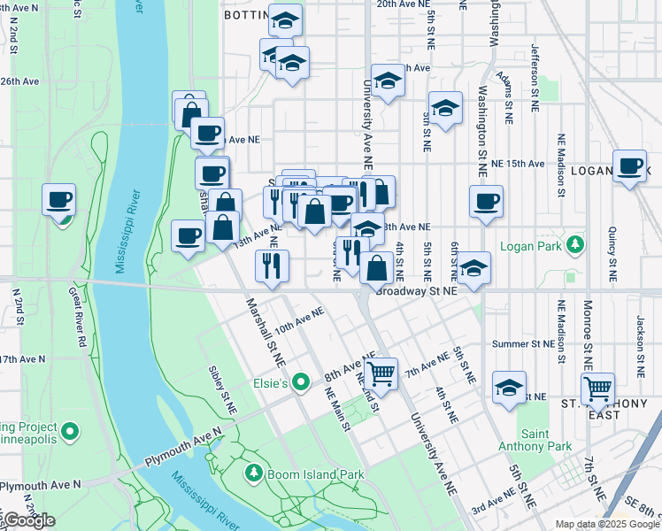 map of restaurants, bars, coffee shops, grocery stores, and more near 209 12th Avenue Northeast in Minneapolis