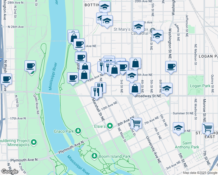 map of restaurants, bars, coffee shops, grocery stores, and more near 149 12th Avenue Northeast in Minneapolis