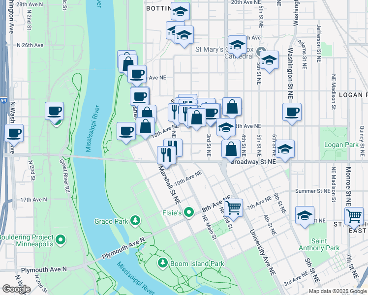 map of restaurants, bars, coffee shops, grocery stores, and more near 149 12th Avenue Northeast in Minneapolis