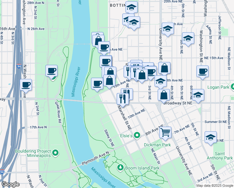 map of restaurants, bars, coffee shops, grocery stores, and more near 1219 Marshall Street Northeast in Minneapolis