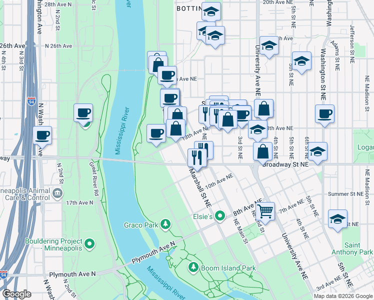 map of restaurants, bars, coffee shops, grocery stores, and more near 1219 Marshall Street Northeast in Minneapolis