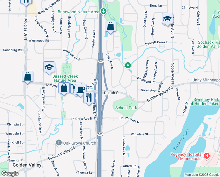 map of restaurants, bars, coffee shops, grocery stores, and more near 2025 Unity Avenue North in Minneapolis