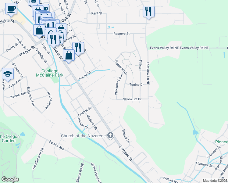 map of restaurants, bars, coffee shops, grocery stores, and more near 835 Chikamin Loop in Silverton