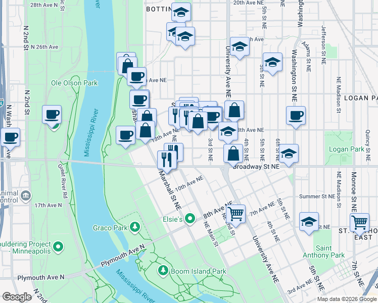 map of restaurants, bars, coffee shops, grocery stores, and more near 149 12th Avenue Northeast in Minneapolis