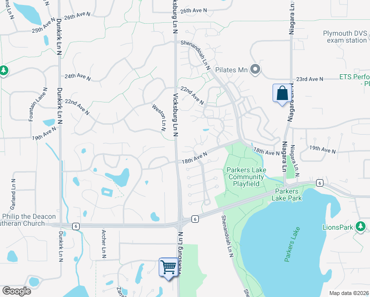 map of restaurants, bars, coffee shops, grocery stores, and more near 1825 Terraceview Lane North in Plymouth