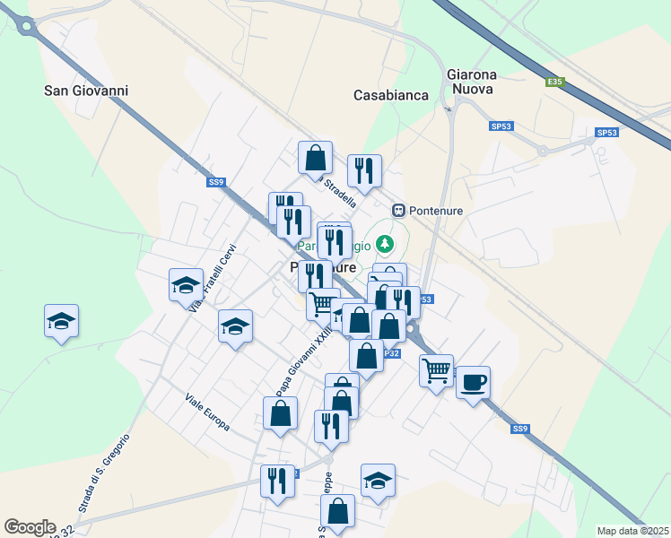 map of restaurants, bars, coffee shops, grocery stores, and more near 9 Via Roma in Pontenure