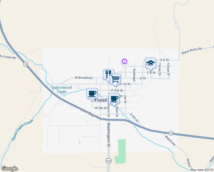 map of restaurants, bars, coffee shops, grocery stores, and more near 415 First Street in Fossil
