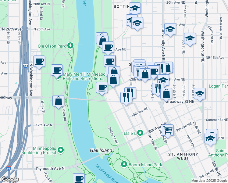 map of restaurants, bars, coffee shops, grocery stores, and more near 1220 Marshall Street Northeast in Minneapolis