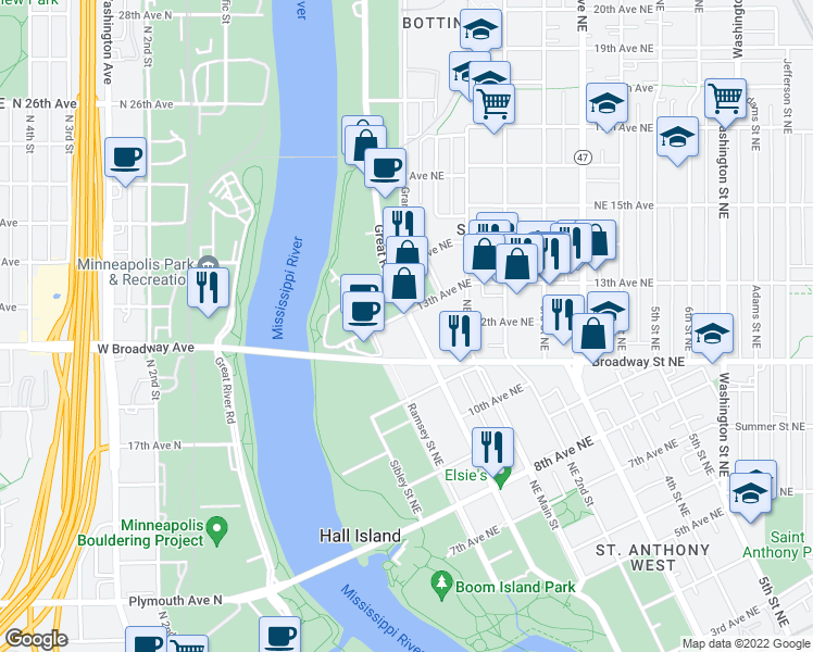 map of restaurants, bars, coffee shops, grocery stores, and more near 1220 Marshall Street Northeast in Minneapolis