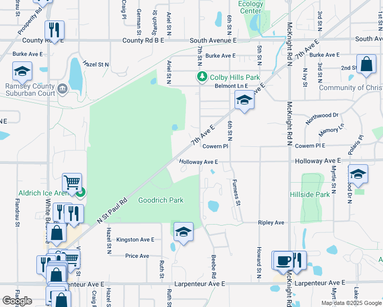 map of restaurants, bars, coffee shops, grocery stores, and more near 2050 7th Avenue East in North Saint Paul