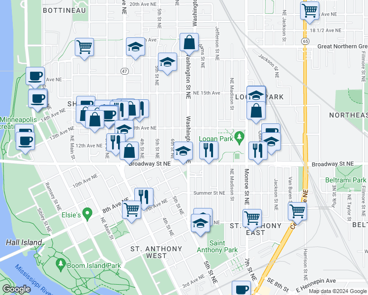 map of restaurants, bars, coffee shops, grocery stores, and more near 1206 Washington Street Northeast in Minneapolis