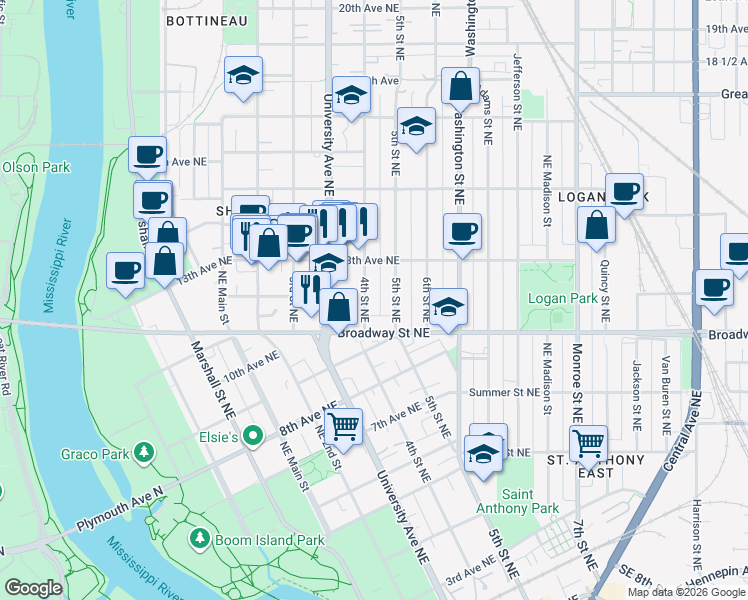 map of restaurants, bars, coffee shops, grocery stores, and more near 1209 4th Street Northeast in Minneapolis
