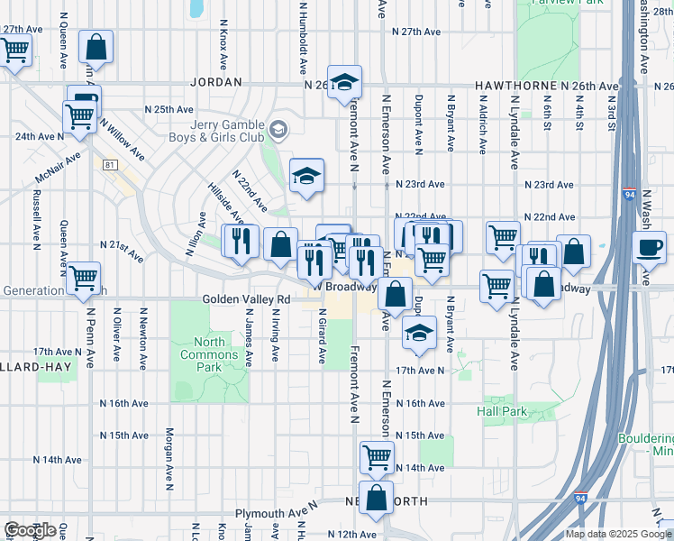 map of restaurants, bars, coffee shops, grocery stores, and more near 1301 North 21st Avenue in Minneapolis