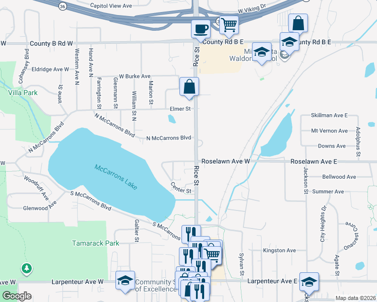 map of restaurants, bars, coffee shops, grocery stores, and more near 1943 Rice Street in Roseville