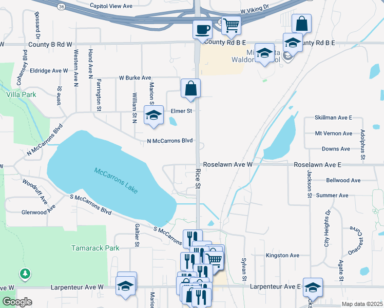 map of restaurants, bars, coffee shops, grocery stores, and more near 1943 Rice Street in Roseville