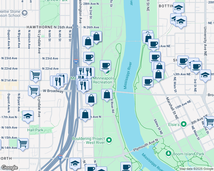 map of restaurants, bars, coffee shops, grocery stores, and more near 2025 West River Road North in Minneapolis