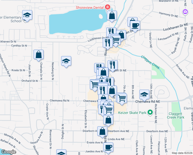map of restaurants, bars, coffee shops, grocery stores, and more near 202 Sandy Drive North in Keizer
