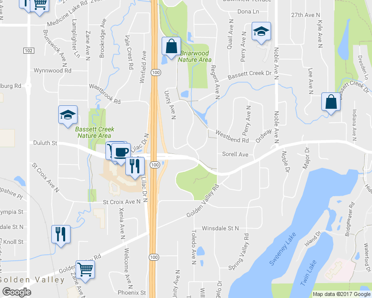 map of restaurants, bars, coffee shops, grocery stores, and more near 5305 Greenview Lane in Golden Valley