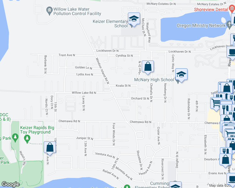 map of restaurants, bars, coffee shops, grocery stores, and more near 5200 Windsor Island Road North in Keizer