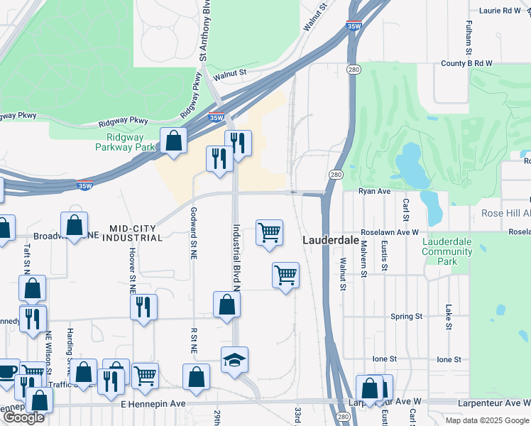 map of restaurants, bars, coffee shops, grocery stores, and more near 755 Industrial Boulevard Northeast in Minneapolis