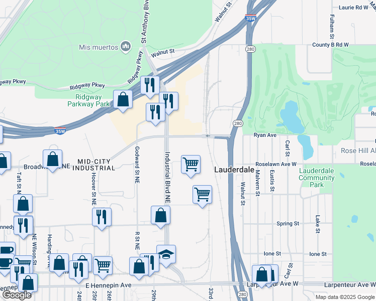 map of restaurants, bars, coffee shops, grocery stores, and more near 755 Industrial Boulevard Northeast in Minneapolis
