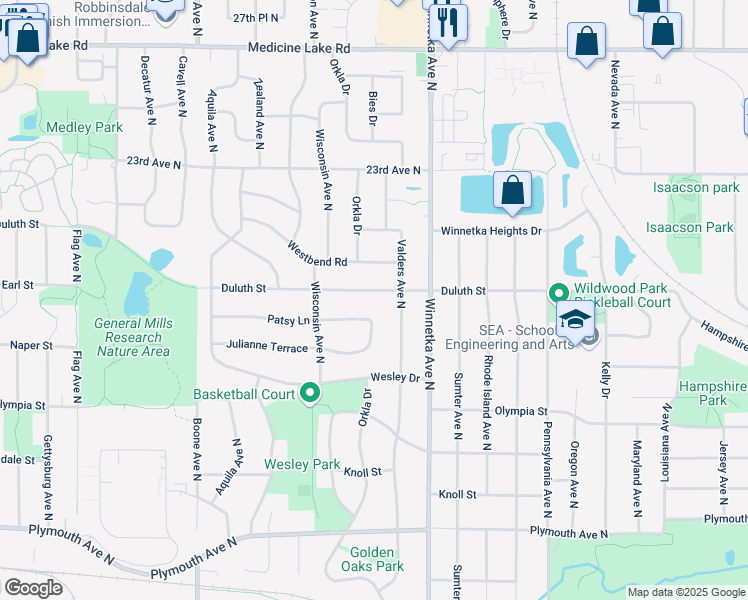map of restaurants, bars, coffee shops, grocery stores, and more near 8100 Duluth Street in Minneapolis