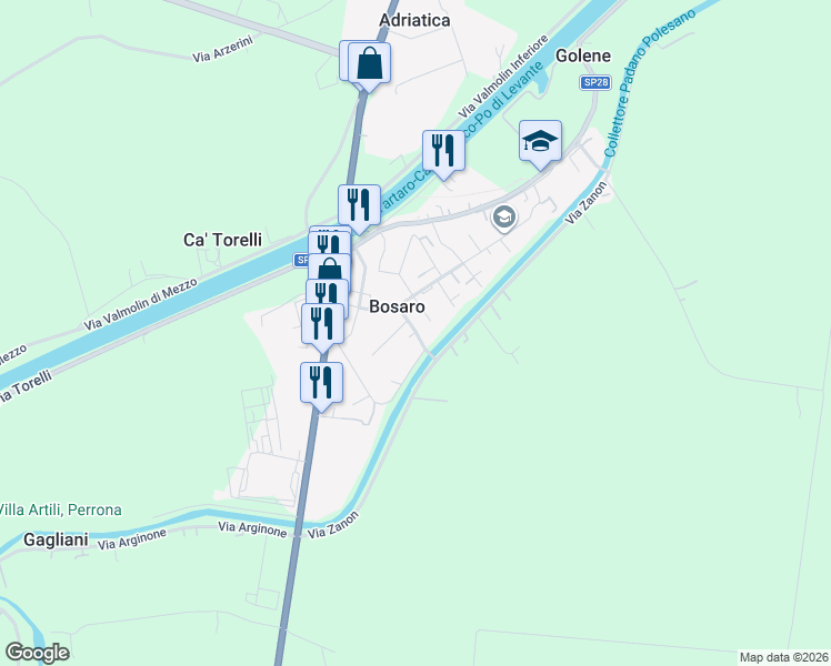 map of restaurants, bars, coffee shops, grocery stores, and more near 15B Via Don Giovanni Minzoni in Bosaro