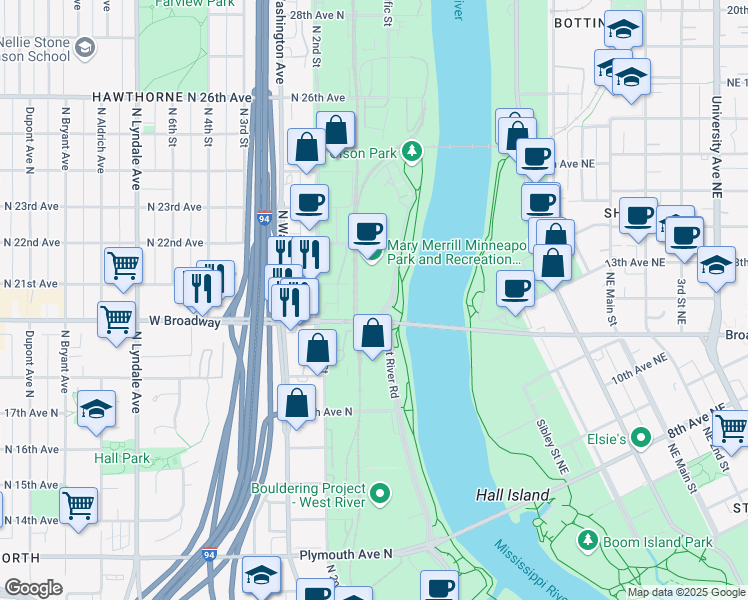 map of restaurants, bars, coffee shops, grocery stores, and more near 2002 West River Road North in Minneapolis
