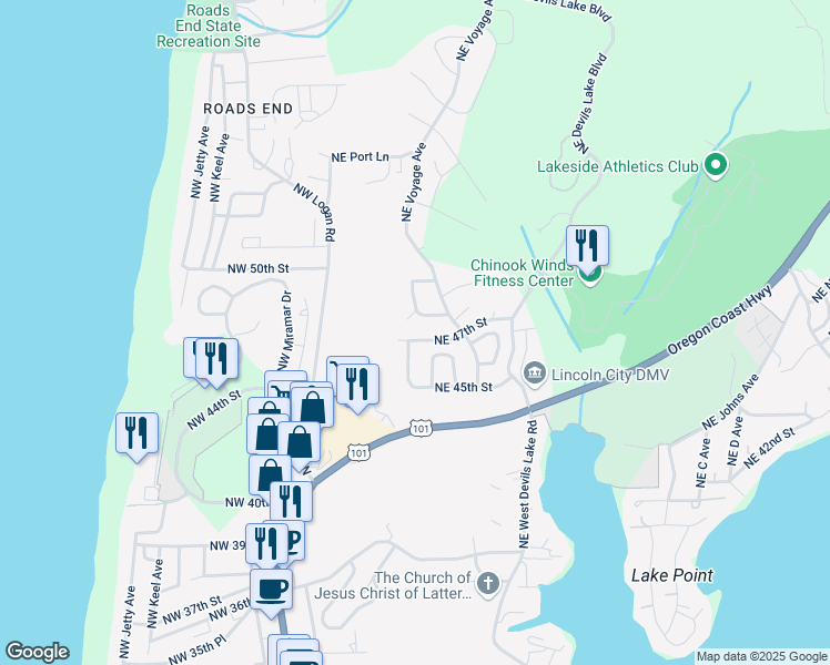 map of restaurants, bars, coffee shops, grocery stores, and more near 2445 Northeast 47th Street in Lincoln City