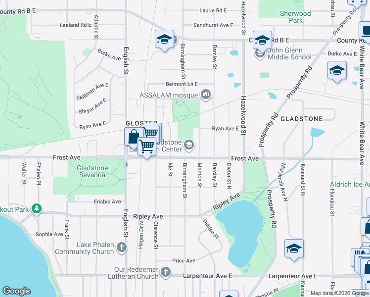 map of restaurants, bars, coffee shops, grocery stores, and more near 1998 Birmingham Street in Maplewood