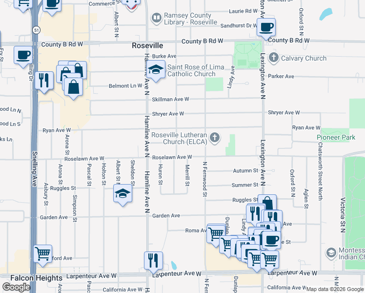 map of restaurants, bars, coffee shops, grocery stores, and more near 1246 Draper Avenue in Roseville