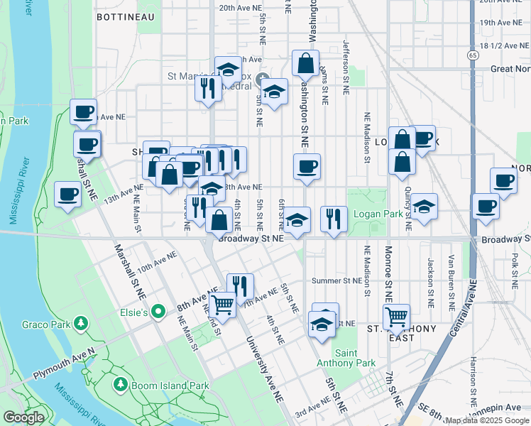 map of restaurants, bars, coffee shops, grocery stores, and more near 1206 6th Street Northeast in Minneapolis